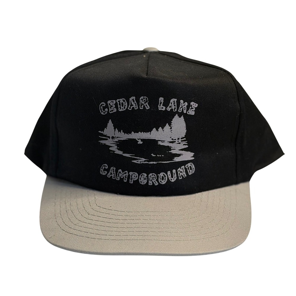 VTG Toppers Snapback‎ Hat Black Cedar Lake Campground Graphic Two Tone OSFM Mens